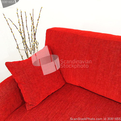 Image of Red velvet sofa and willow branches in a vase