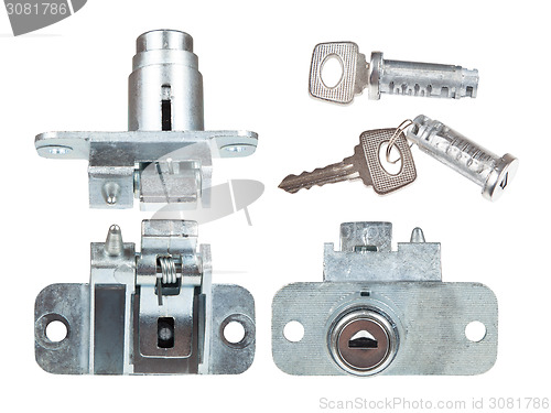 Image of Car's trunk lock with a key. View from different angles