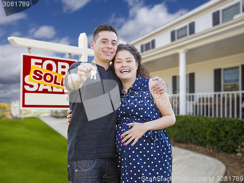 Image of Hispanic Couple with Keys In Front of Home and Sign