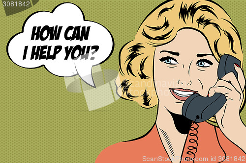 Image of pop art cute retro woman in comics style with message