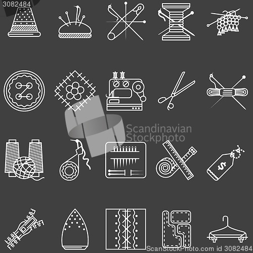 Image of Set of white line vector icons for sewing