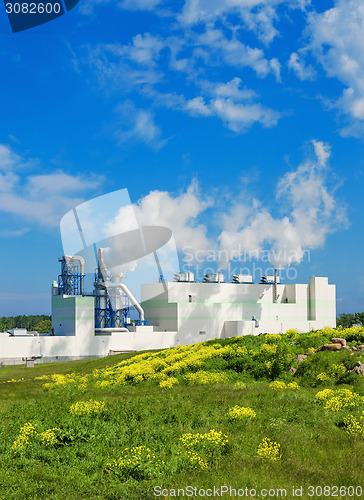 Image of Summer landscape with the building of the modern environmental p