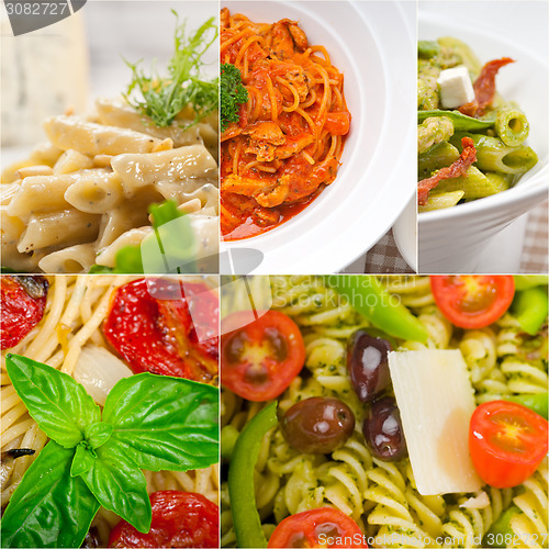 Image of collection of different type of Italian pasta collage