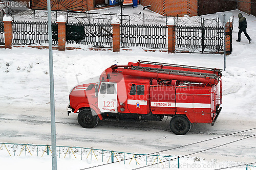 Image of The fire truck goes on the way to Tyumen, Russia.