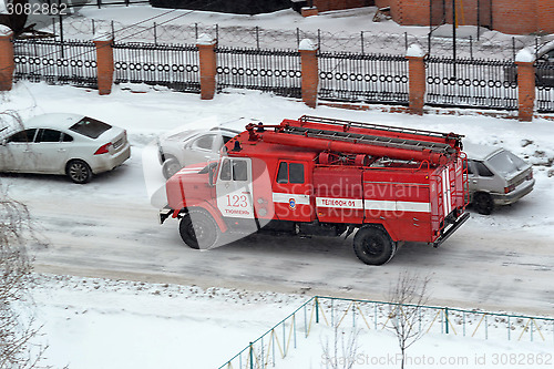 Image of The fire truck goes on the way to Tyumen, Russia.