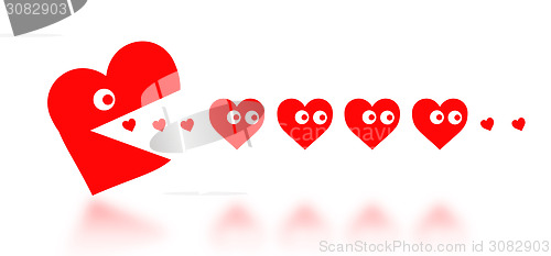 Image of Concept of dating - big Pacman heart hunting small hearts