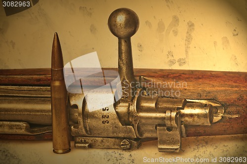 Image of carbine with ammunition in vintage view