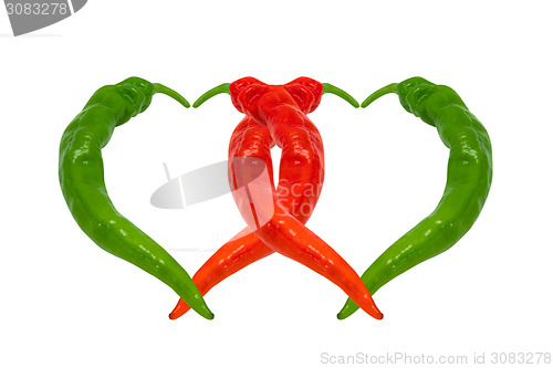 Image of Two hearts composed of red and green chili peppers