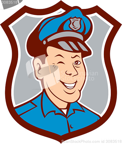 Image of Policeman Winking Smiling Shield Cartoon