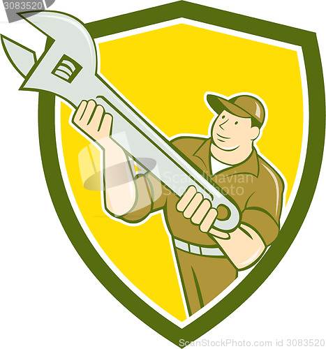 Image of Mechanic Presenting Spanner Wrench Shield Cartoon