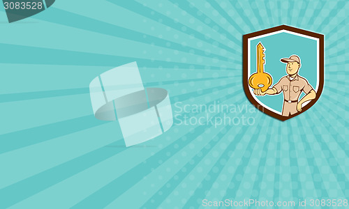 Image of Business card Locksmith Balancing Key Palm Shield Cartoon