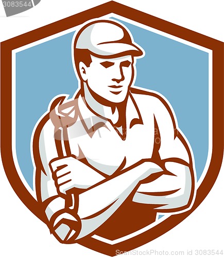 Image of Mechanic Holding Spanner Arms Crossed Shield 