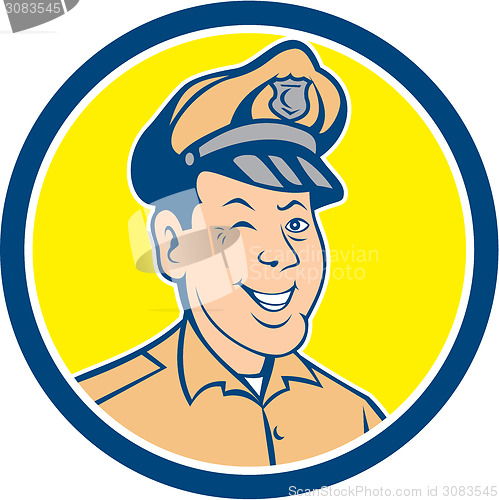 Image of Policeman Winking Smiling Circle Cartoon