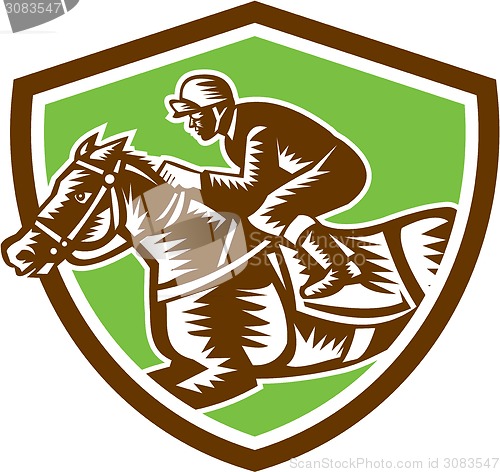 Image of Jockey Horse Racing Shield Retro Woodcut