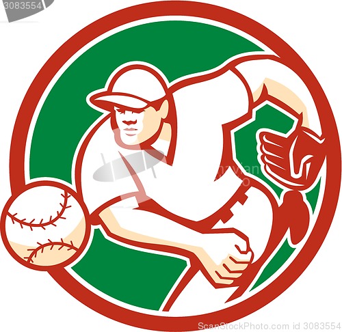 Image of American Baseball Pitcher Throwing Ball Circle Retro