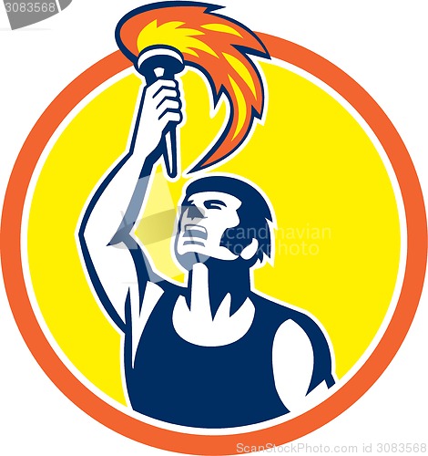Image of Athlete Player Raising Flaming Torch Circle Retro