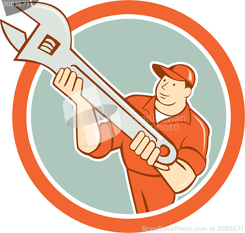 Image of Mechanic Presenting Spanner Wrench Circle Cartoon