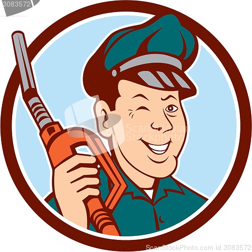 Image of Gas Attendant Nozzle Winking Circle Cartoon