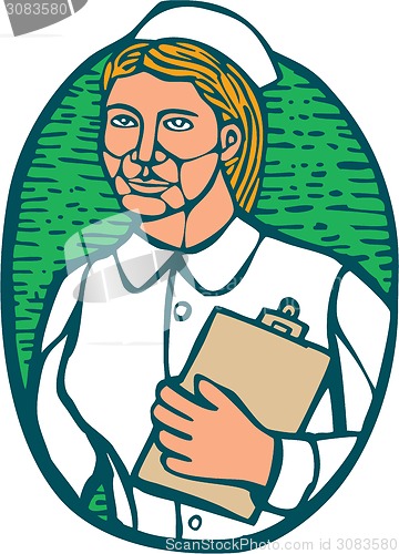 Image of Nurse Holding Clipboard Oval Woodcut Linocut