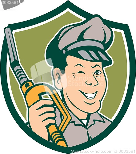 Image of Gas Attendant Nozzle Winking Shield Cartoon