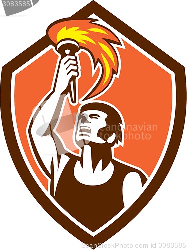 Image of Athlete Player Raising Flaming Torch Shield Retro