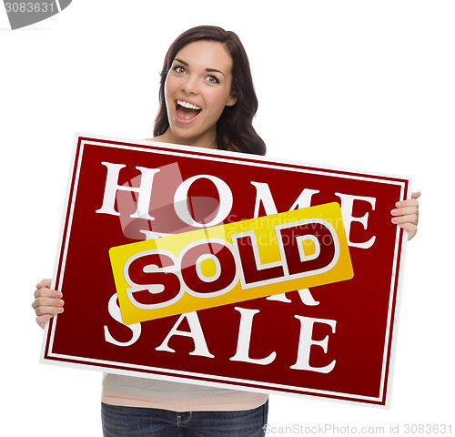 Image of Mixed Race Female with Sold Home For Sale Sign