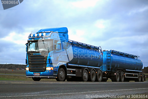 Image of Blue Scania R500 Tank Truck on the Road