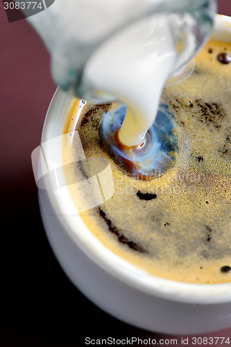 Image of Milk poured into small cup of coffee