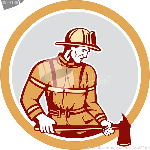 Image of Fireman Firefighter Holding Fire Axe Circle