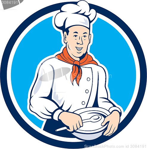 Image of Chef Cook Holding Spoon Bowl Circle Cartoon