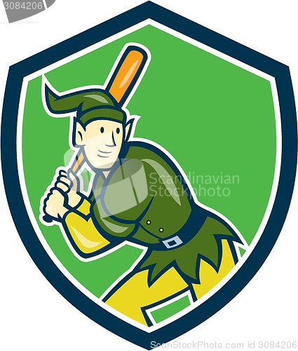 Image of Elf Baseball Player Batting Shield Cartoon