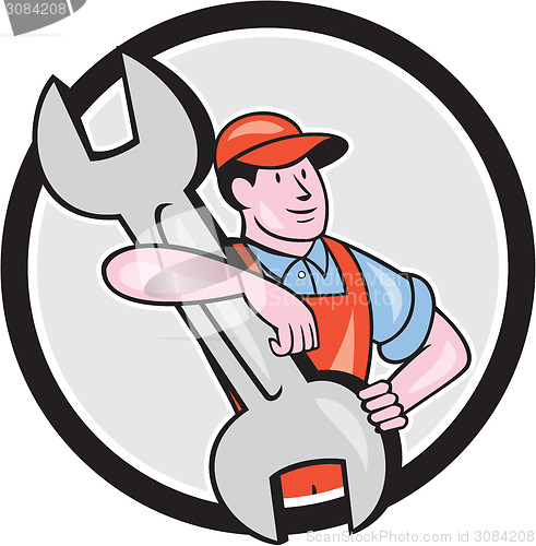 Image of Mechanic Carry Spanner Wrench Circle Cartoon