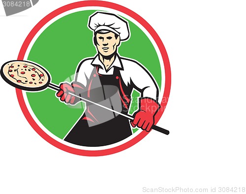 Image of Pizza Maker Holding Peel Circle Retro