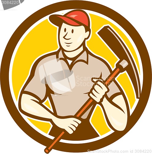 Image of Construction Worker Holding Pickaxe Circle Cartoon