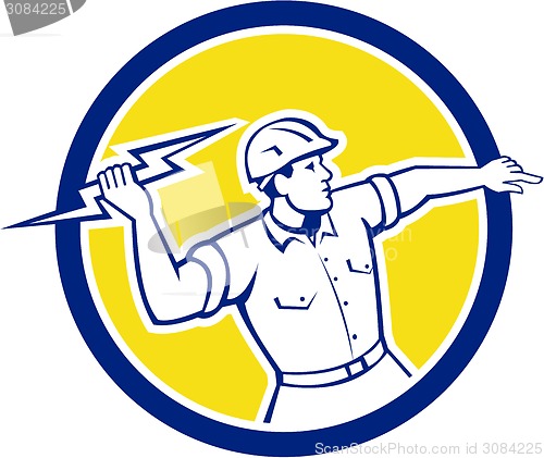 Image of Electrician Holding Lightning Bolt Circle Retro