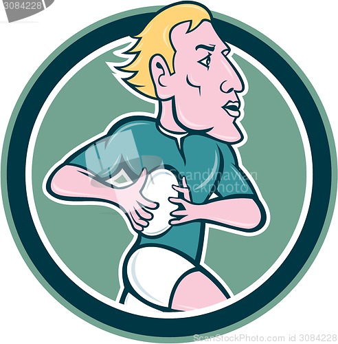 Image of Rugby Player Running Ball Circle Cartoon