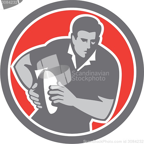 Image of Rugby Player Running Ball Circle Retro