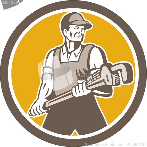 Image of Plumber Holding Giant Wrench Retro Circle