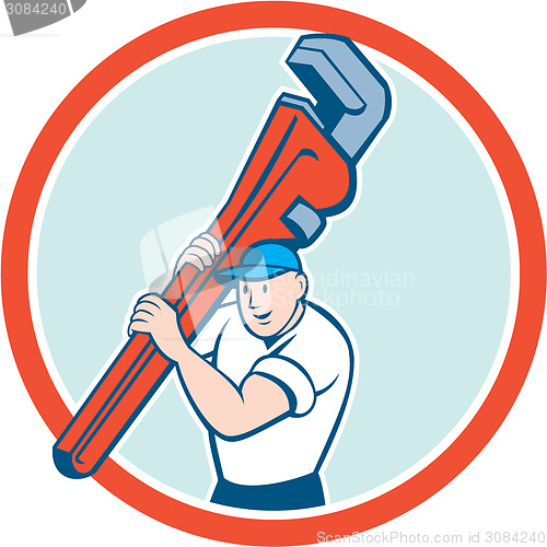 Image of Plumber Carrying Monkey Wrench Circle Cartoon