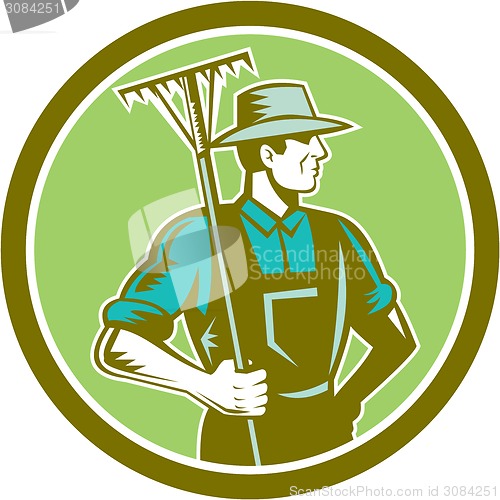 Image of Organic Farmer Rake Woodcut Retro