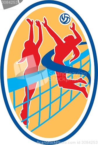 Image of Volleyball Player Spiking Ball Blocking Oval