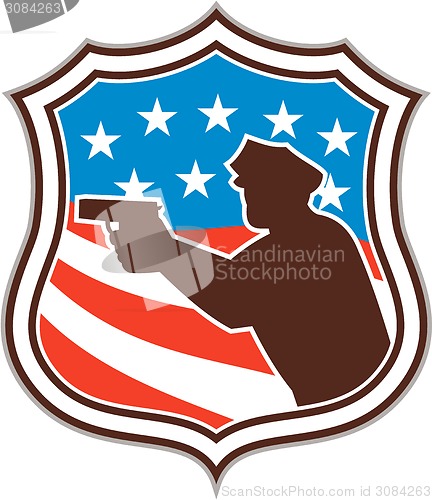 Image of Policeman Silhouette Pointing Gun Flag Shield Retro