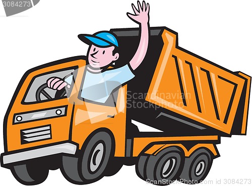 Image of Dump Truck Driver Waving Cartoon