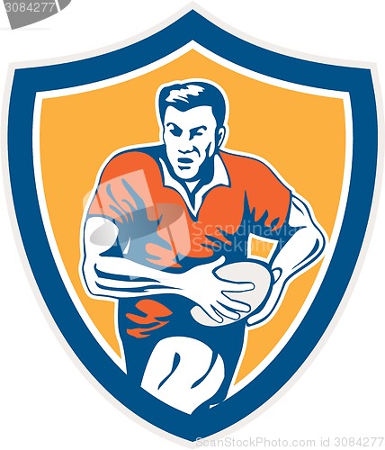 Image of Rugby Player Running Ball Shield Retro