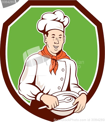 Image of Chef Cook Holding Spoon Bowl Shield Cartoon