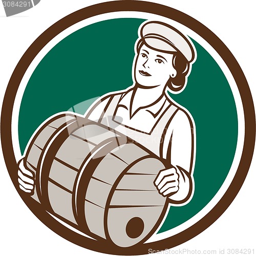 Image of Female Bartender Carrying Keg Circle Retro