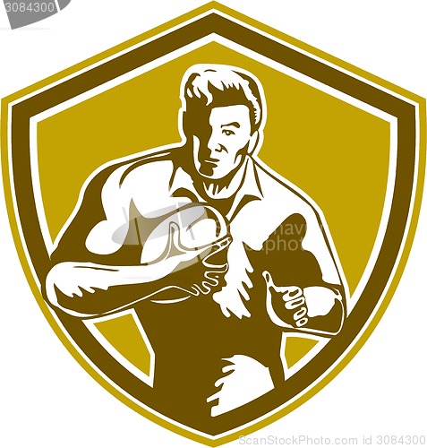 Image of Rugby Player Running Fending Shield Retro