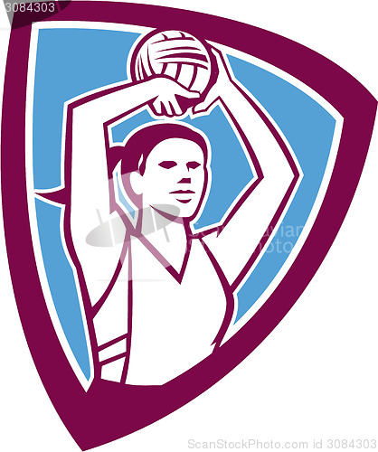 Image of Netball Player Shooting Ball Shield Retro