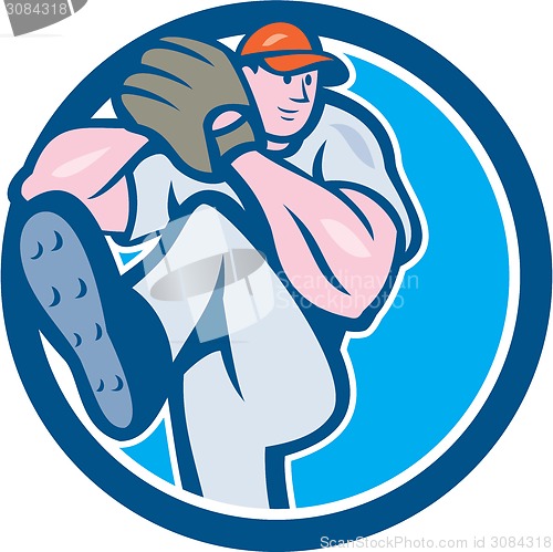 Image of Baseball Pitcher Outfielder Leg Up Circle Cartoon