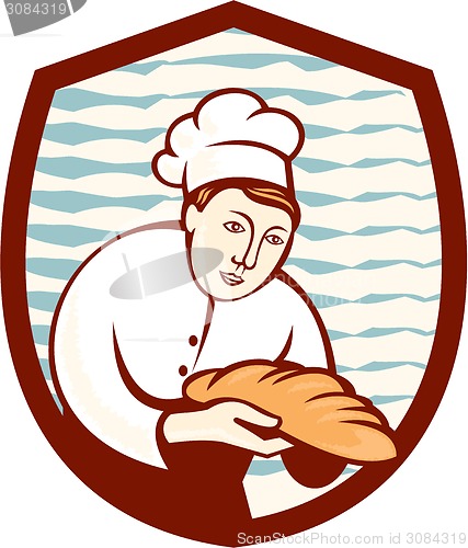 Image of Baker Holding Bread Loaf Shield Retro